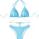 COZYEASE Women's 2 Piece Bikini Set Triangle Halter Tie Back Bathing Suit Set Shell Backless High Cut Swimsuit (Blue, L)