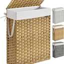 SONGMICS Slim Laundry Hamper with Lid, 14.5 Gallon (55L) Rattan Clothes Laundry Basket with Lid and Handles, Foldable, Removable Liner, Goose Yellow ULCB164N01