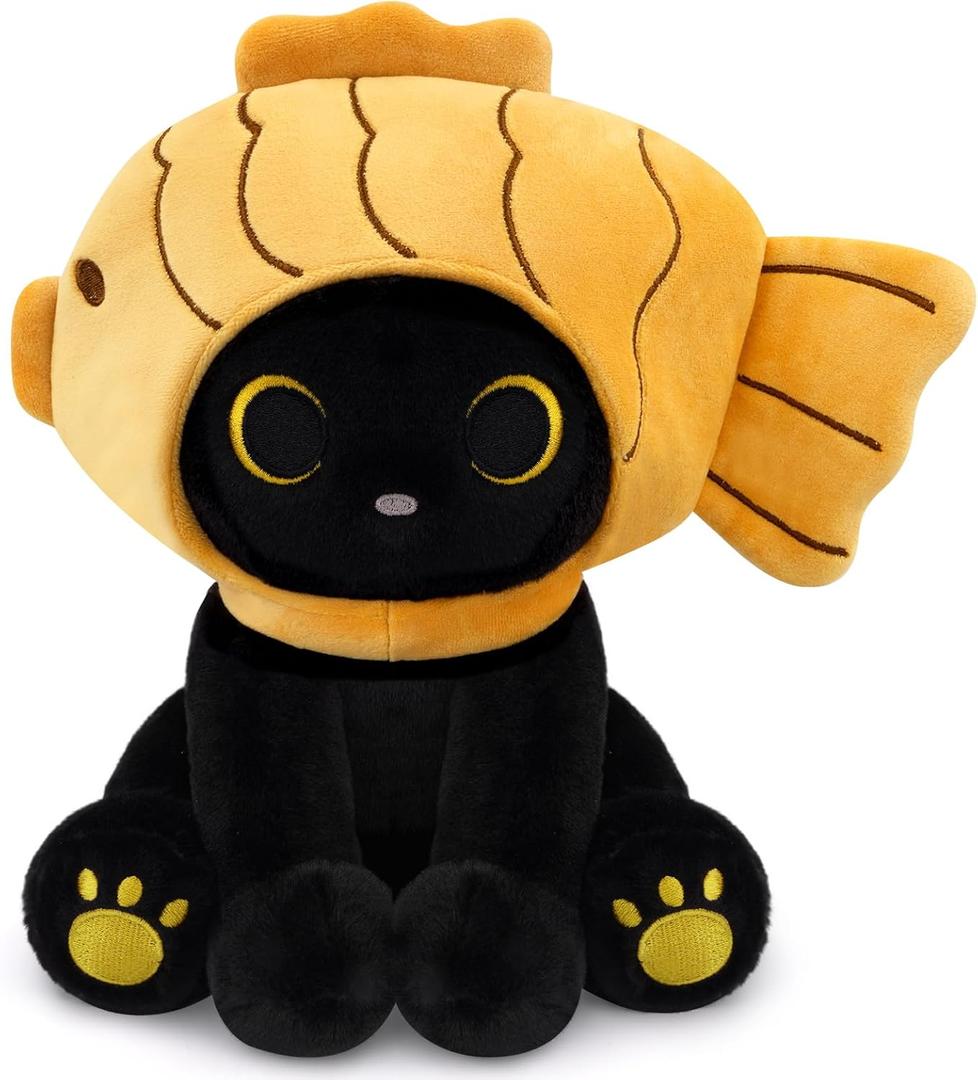 Fish Stuffed Animal Cat Plush, 8inches Black Cat Plush with Brown Taiyaki Hood Removable, Kawaii Stuffed Kitten Doll Toy Cute Plushies for Girls Kids BoysChristmas Birthday Gifts