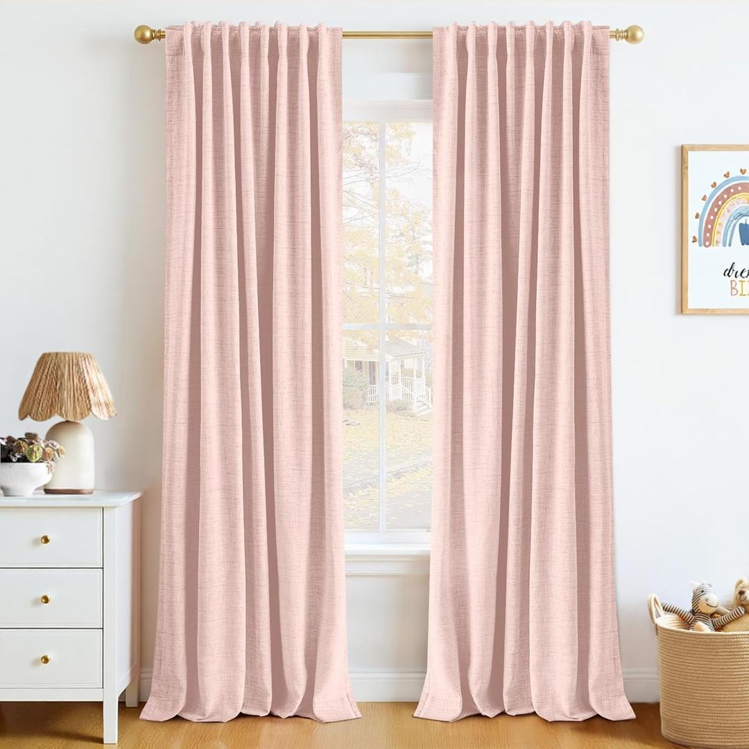 INOVADAY 100% Blackout Curtains 90 Inches Length 2 Panels Set, Back Tab/Rod Pocket Linen Black Out Curtains for Bedroom, Thermal Insulated Window Drapes - Blush Pink, W50 X L90