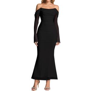 KUTUMAI Off Shoulder Long Sleeve Maxi Dress Corset Bodycon Ruched Cocktail Formal Wedding Guest Dresses for Women (Medium, Black)