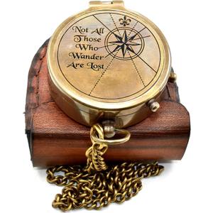Vintage Brass Compass with Leather Case Engraved Not All Those Who Wander are Lost Antique Pocket Navigation Compass Gift for Travel Lovers, Hiking, Graduation, Birthday, Christmas