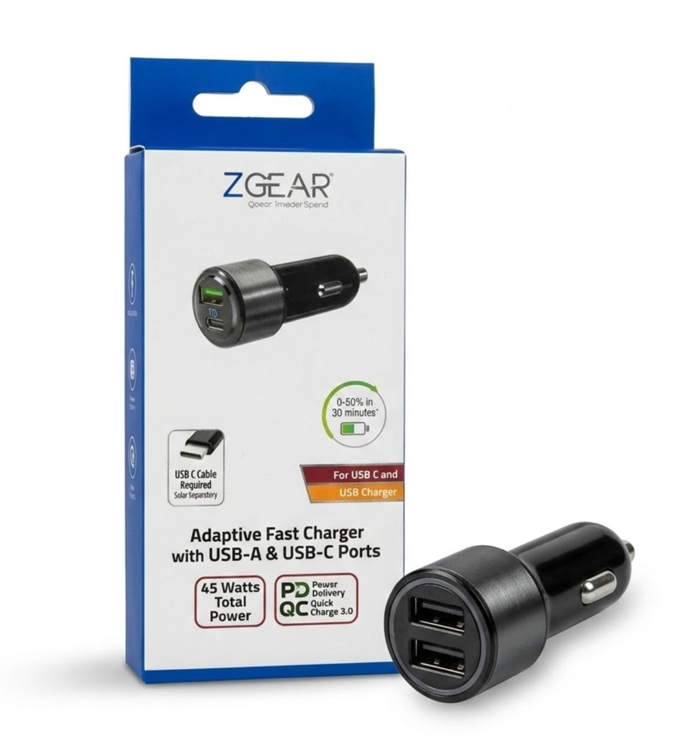 ZGEAR Adaptive Fast Car Charger With USB-A USB C Ports