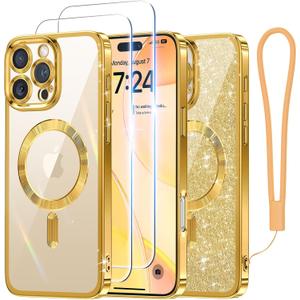 Meifigno Case Designed for iPhone 16 Pro 6.3 Inch, [Compatible with MagSafe] [2X Screen Protectors] [Glitter Card & Wrist Strap] Surround Lens Protection Designed for iPhone 16 Pro Case, Gold