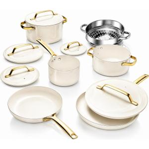 Gotham Steel Modern 11 Pc Ceramic Cookware Set, Elegantly Designed Pots and Pans Set Non Stick with Steamer, Induction Bottom, Premium Stay Cool Handles, Non Toxic PFOA Free, Oven & Dishwasher Safe (L)