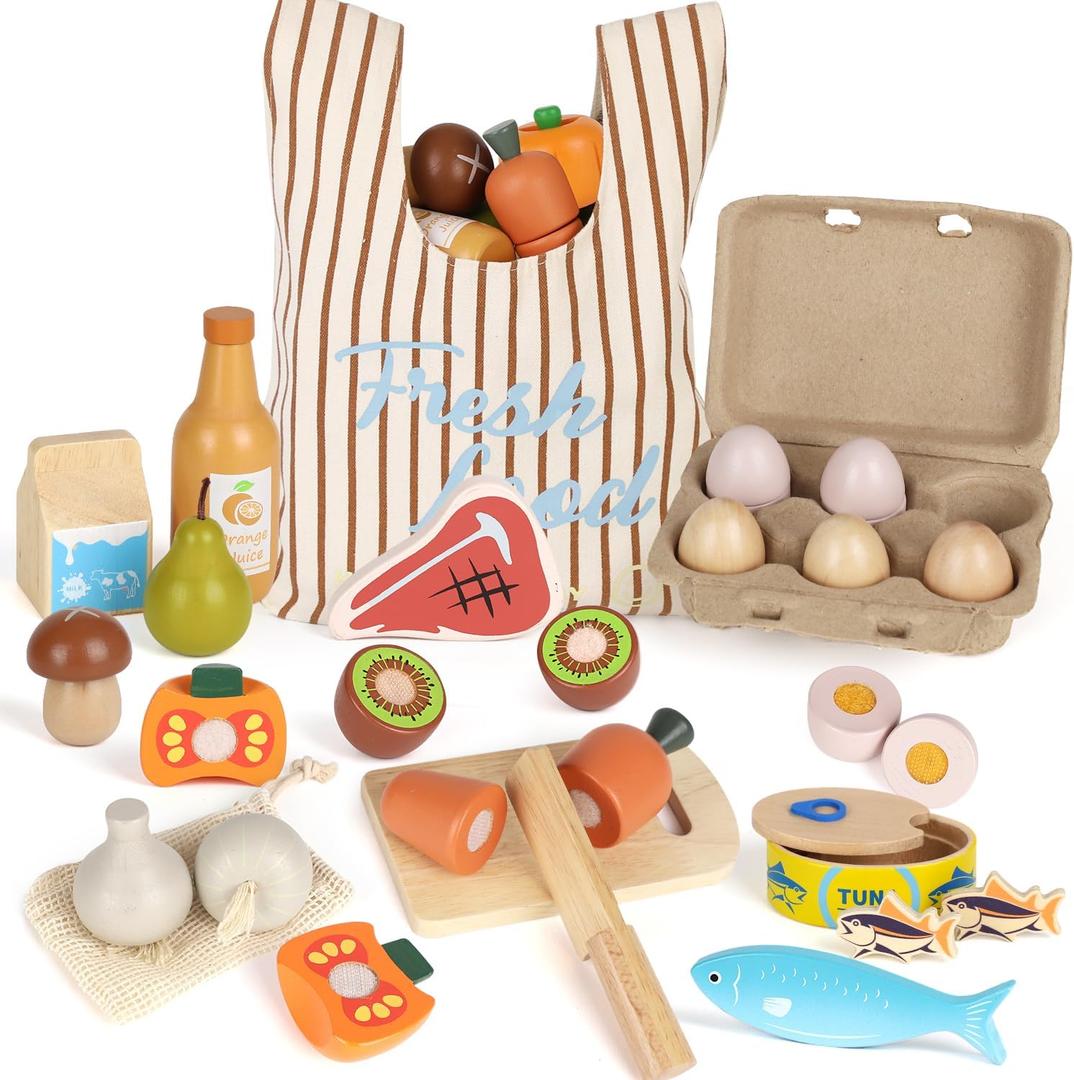 Lehoo Castle Wooden Play Food Sets for Kids Kitchen, Food Toys for Toddlers 1-3, Pretend Food Play Kitchen Accessories, Cutting Fruits Vegetables Cooking Toys Gift for Boys Girls 3 4 5 +, Child-size