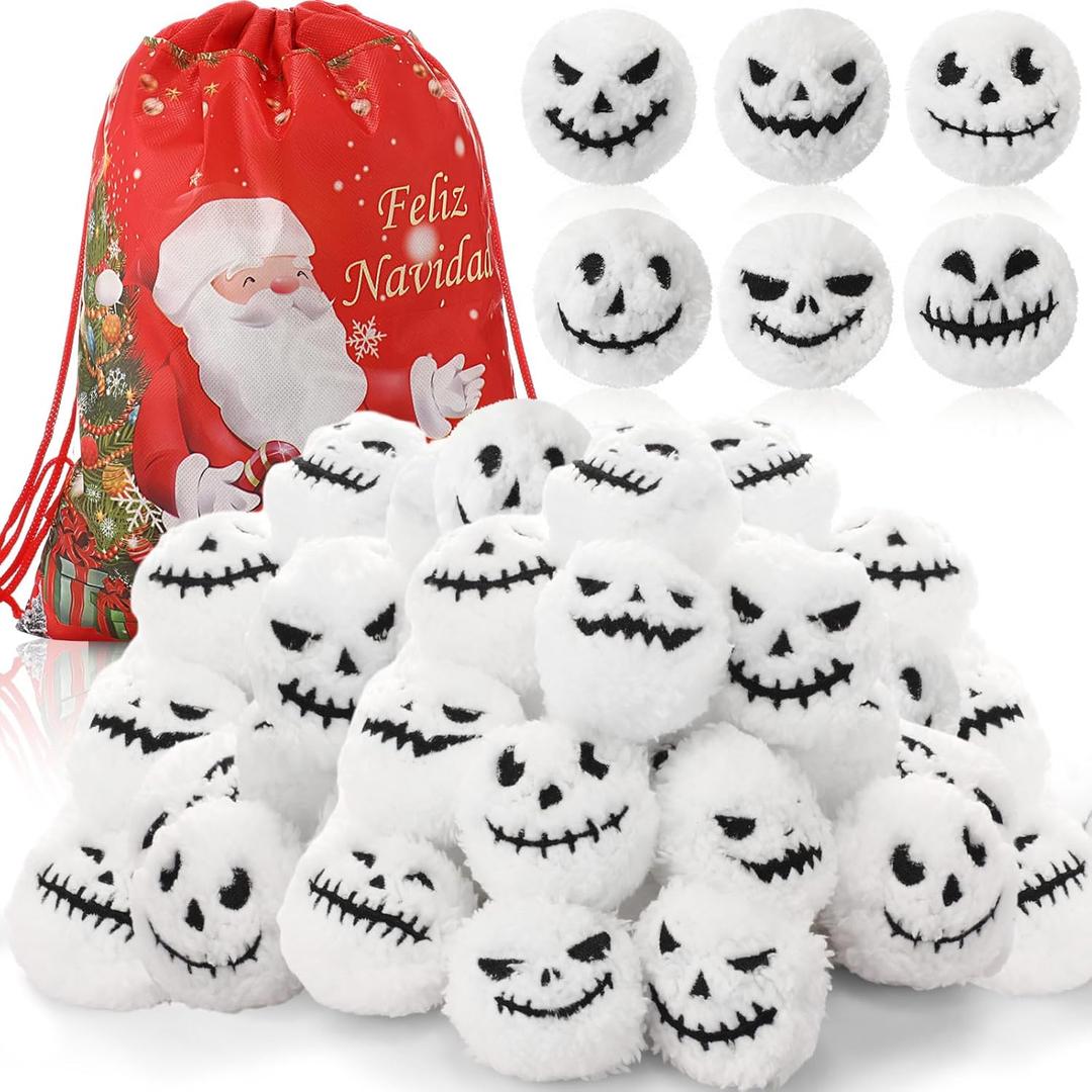 Zhanmai 30 Pcs Snowball Toss Game Winter Fake Snow Ball for Fights Artificial Plush Soft Stuffed Snowman Face Balls for Indoor Outdoor Game Decorations(2 Inch, Horrific) (Nightmare)