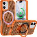 Designed for iPhone 17 Case with 360 Magnetic Stand, Carbon Fiber Phone Case [Compatible with Magsafe] [15FT Military Protection] with Stand Ring 6.3'', Cosmic Orange