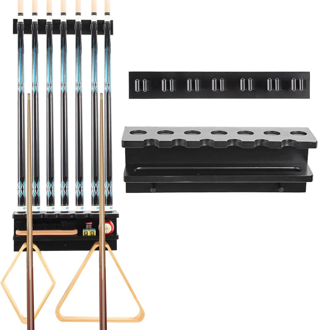 Pool Stick Holder Wall Mount for 7 Cues, Wooden Billiards Pool Cue Rack, Pool Cue Holder Pool Table Accessories Equipment Organizer, Pool Cue Rack Billiards Accessories for Game Room Men Cave- Black