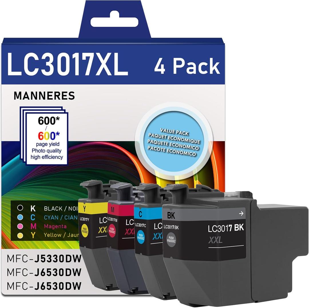 LC3017XL (BK/C/M/Y) High Yield Ink Cartridge 4-Pack (1 Each LC3017BK, LC3017C, LC3017M, LC3017Y) Compatible for Brother LC3017 LC3019 XL Ink Cartridges MFC-J5330DW MFC-J6530DW MFC-J6530DW Printer