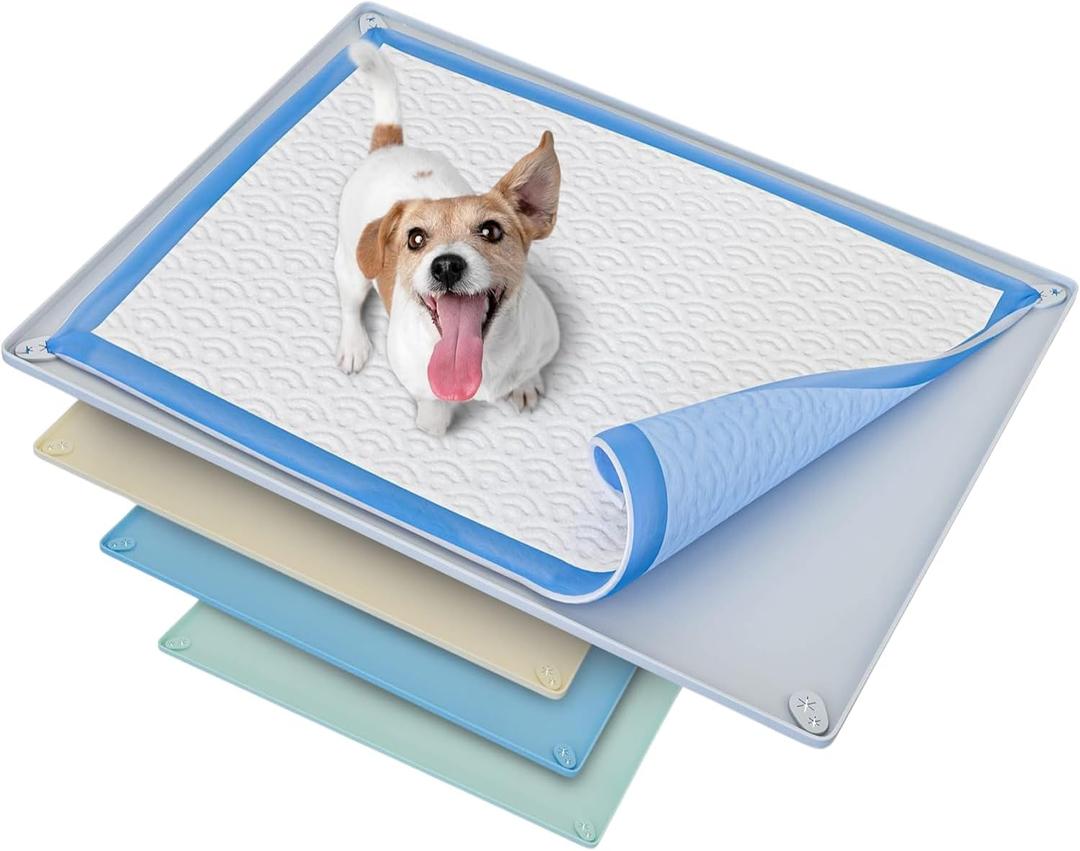 TidyFriend Dog Pee Pad Holder Tray Fits for 30 x 23 Pee Pads with Corner Lock Holes, Raised Edges, Non-Spill, Easy to Clean Silicone Dog Potty Tray Holder, For Indoor Floor Protection (Light Grey)