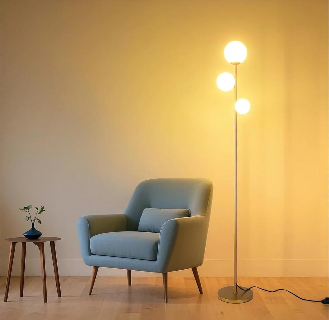 Fiqevs 3 Globe Mid Century Modern Floor Lamp for Living Room, Warm Light Gold Floor Lamp Antique Brass with Glass Shade and LED Bulbs, Tall Standing Lamp Art Decor for Bedrooms, Office (3 Globe Gold)