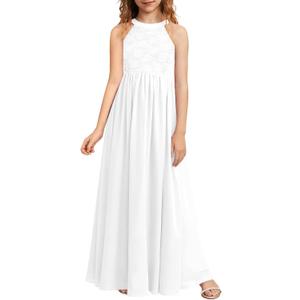 HOSIKA Girls Halter Neck Sleeveless Elegant Lace Chiffon A-line Long Flower Girl Dress for Wedding Party 8 Y