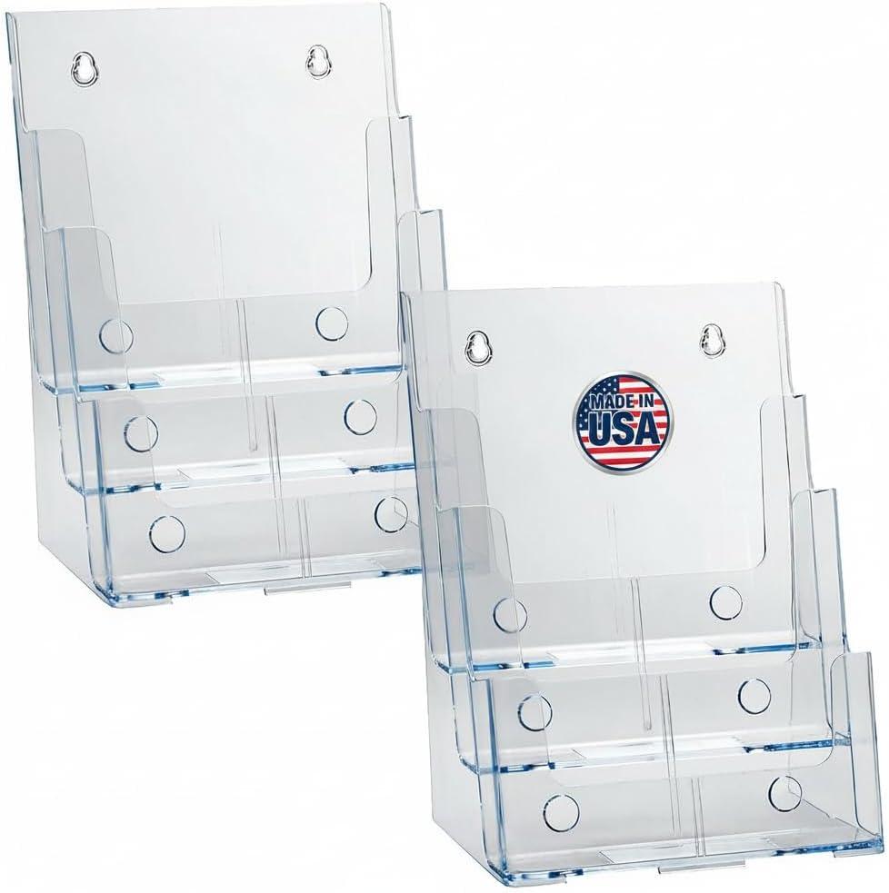 Azar Displays 252378-2PK Brochure Holder 8.5"x11", Acrylic Desk Organizer, Three Tier Document, Magazine & Sign Holder, Wall Mount Desk Accessories (2-Pack)