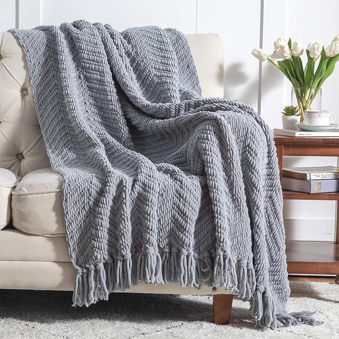 Bedsure Throw Blankets for Couch - Textured Chunky Knit Woven Chenille Blanket - Super Soft, Warm Decorative Boho Throw with Tassels for Bed, Sofa and Living Room Decor, Grey, 60x80 Inches