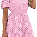 RUMIA Womens Dresses 2026 Summer V Neck Eyelet Lace A Line Short Dress (Pink, XS)