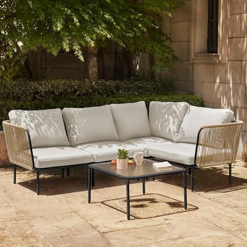 East Oak 5-Piece Montauk Modular Patio Furniture Set, Outdoor Corner Sofa with Cushion and Glass Coffee Table, Modern Patio Conversation Set for Garden, Backyard and Porch, Beige & Grey