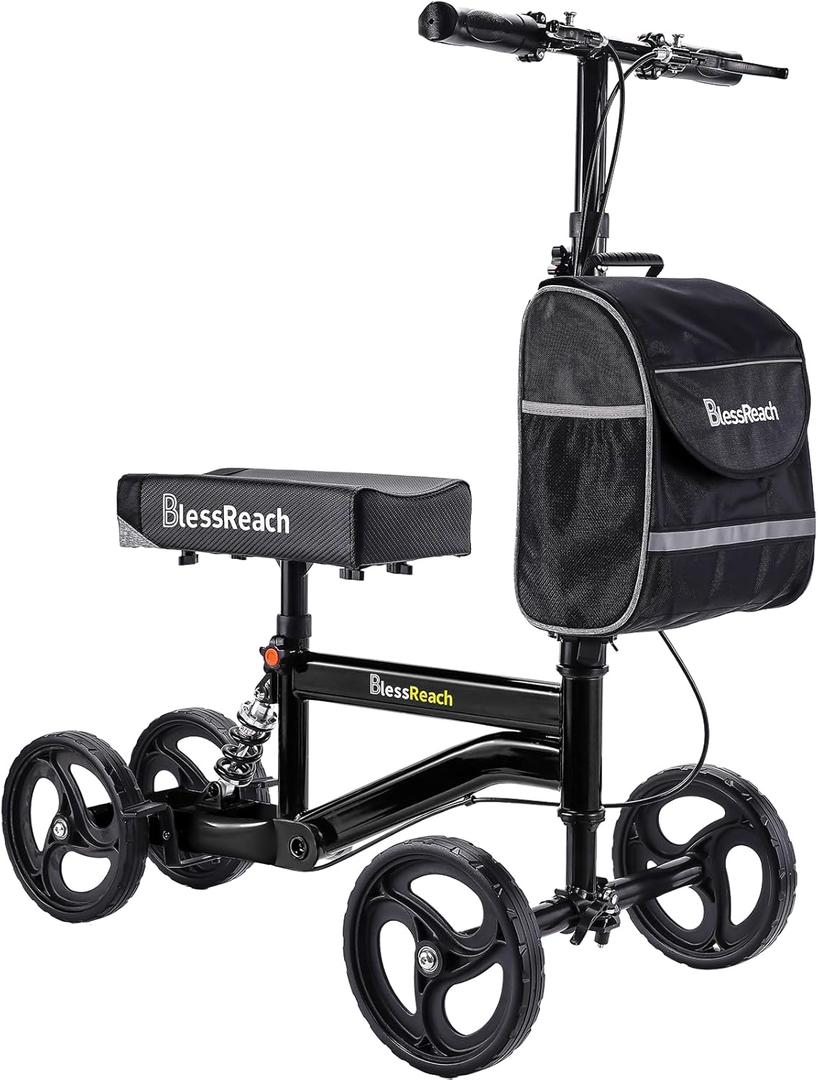 BlessReach Knee Scooter Walker for Adults Foot Injuries Ankle Surgery, Knee Scooters for Adult, Foldable Steerable with Dual Handbrake, Height Adjustable Handle & Knee Pad, 300 lbs CapacityBlack