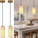 Natural Alabaster Pendant Lights Set of Two, H-11in Pendant Light Fixtures, Marble Square Shade Copper, Light Pendant for Bedroom Dining Room Living Room (E12 Bulbs INCL) Gold, 2 Pack
