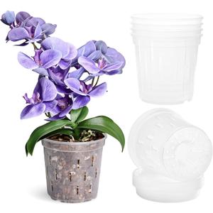 TRUEDAYS 4 Pack Orchid Pot with Saucers, 6 Inch Clear Orchid Pots with Holes, Plastic Planter with Trays, Breathable Slotted Orchids Planters for Indoor Outdoor Plants (6Inch-4Pack with 4 Saucers)