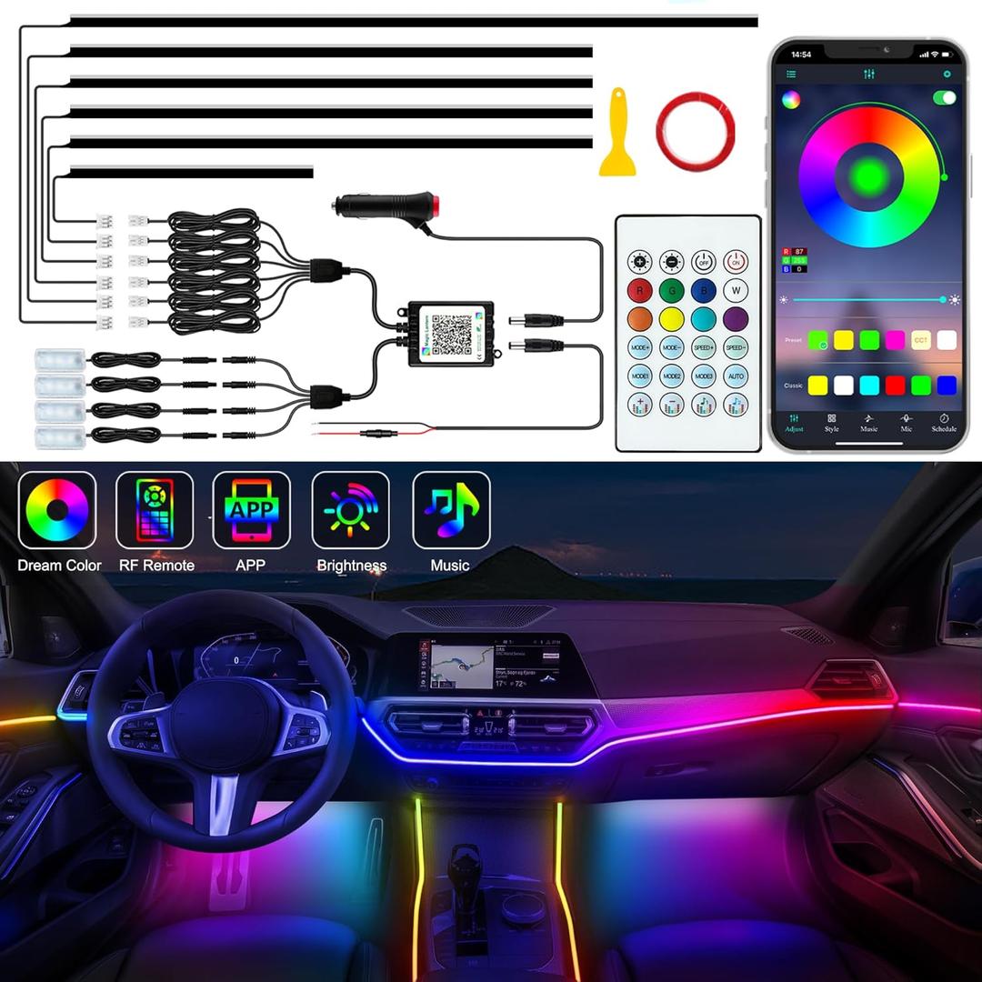 Interior Car LED Strip Lights, Acrylic LED Lights for Car with Dynamic Dreamcolor Chasing, Ambient Lighting Kits Music Sync Wireless APP and RF Remote Control (10 in 1) (10 pieces (dimensions not specified))
