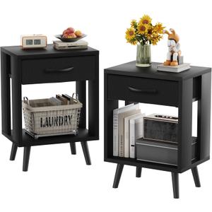 GYIIYUO Nightstands Set of 2 with Fabric Storage Drawer and Open Wood Shelf, Side Table with Storage for Bedroom, Night Stand with Drawer for Bedroom, Bedside Tables - Black 24" H (M(15.7"D x 11.8" W)