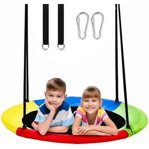 40 Inch Saucer Tree Swing for Kids Outdoor, Textilene Fabric Tear & UV Resistant Waterproof, Round Disc Circle Swing with Adjustable Hanging Straps, Swing Set for Backyard Garden Playground, Rainbow