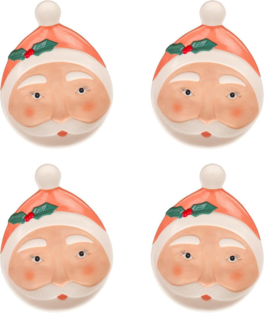HGTV Home Collection, Ceramic Santa Plates, Set of 4 with Glossy Finish, Christmas Themed, Blush, 1in