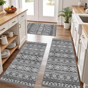 Boho Kitchen Rugs Sets 3 Piece with Runner Floral Kitchen Floor Mat Carpet Farmhouse Kitchen Rugs and Mats Non Skid Washable Runner Rug for Kitchen Floor Sink Laundry,Grayish-White