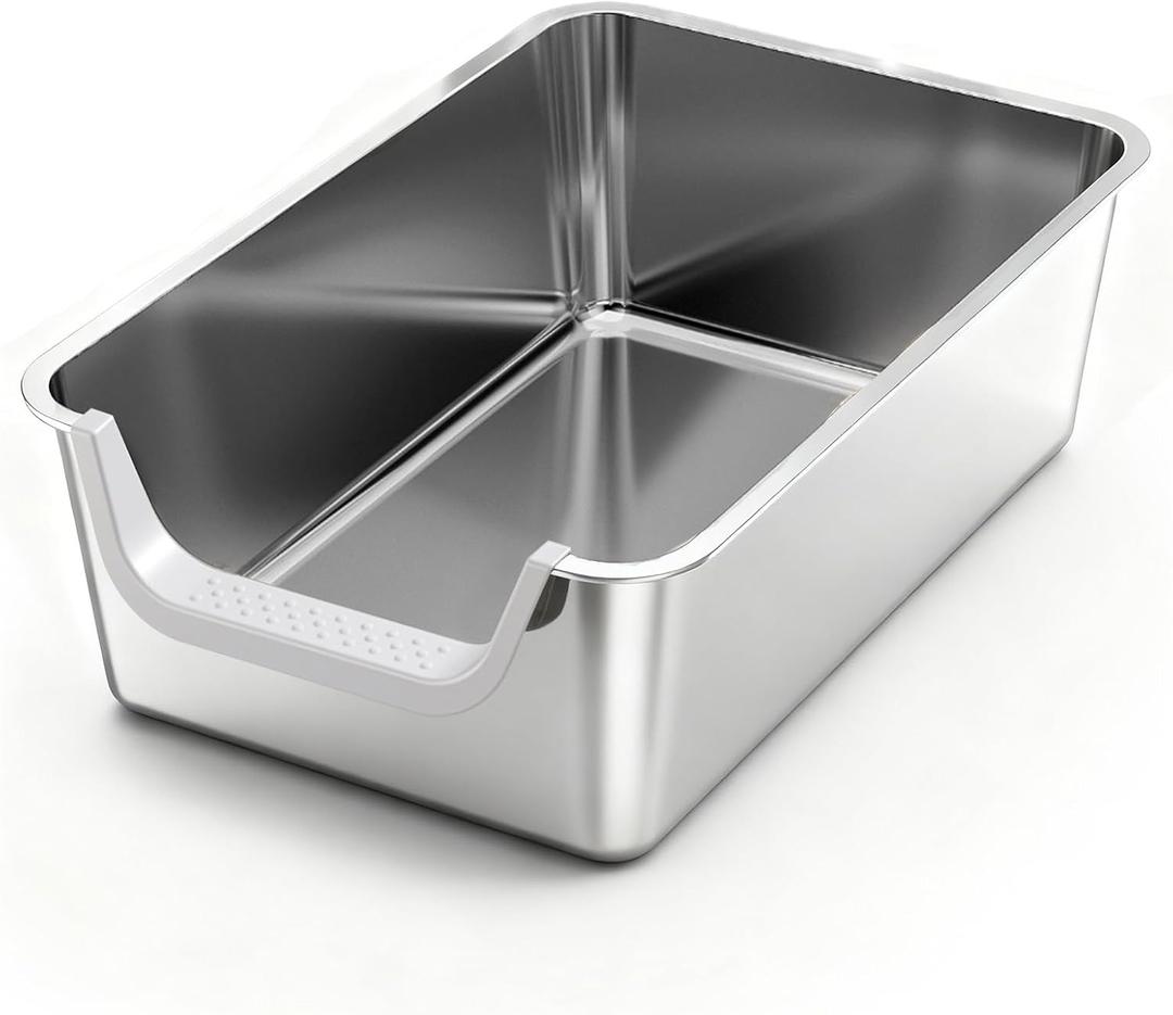 Stainless Steel Litter Box with High Sides,23.6" L X 15.7" W X 7.8" H,Extra Large Jumbo Cat Litter Box,XL Kitty Metal Liter Box for Indoor Big Cat,Non-sticky,Anti-Leakage(Entry on Short Side)