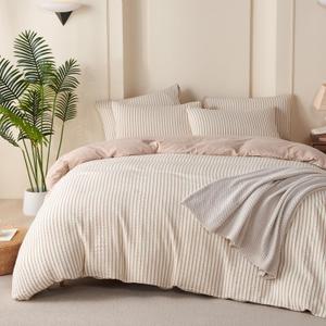 Duvet Cover King Striped Beige, 100% Washed Microfiber Jacquard 3 Pieces Beige King Striped Bedding Sets, with Zipper Closure & Corner Ties, Lightweight Soft Comfort Breathable (No Comforter) (King(90"x104"))
