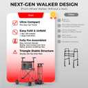 Folding Walkers for Seniors, Lightweight Narrow Travel Walker, Fully Assembled Standard Walker with 2 Wheels, Adjustable Height for Tall, Aluminum Frame Supports 400 lbs, Extra 2 Skis and Storage Bag