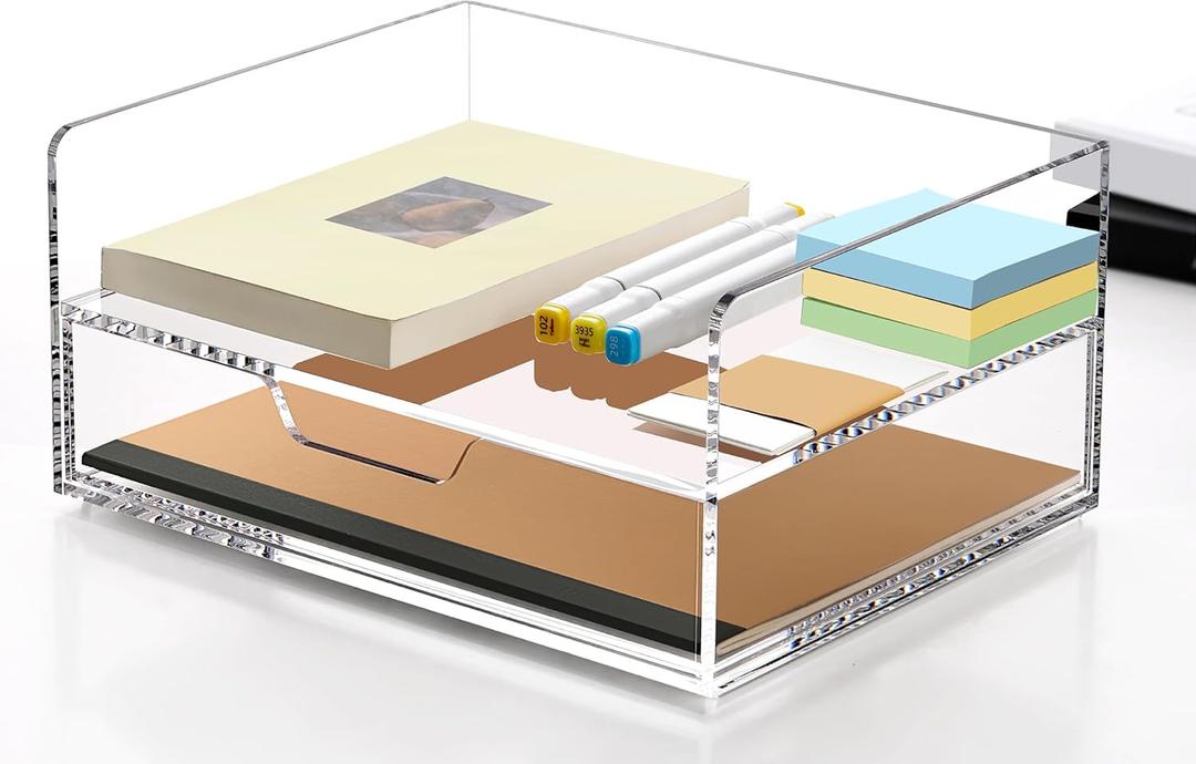 SANRUI Desk Organizer with Sliding Drawer Desk Organizers and Accessories for Office Organization and Storage, Acrylic File Organizer Drawer Stackable 2-Tier Paper Organizer, Clear
