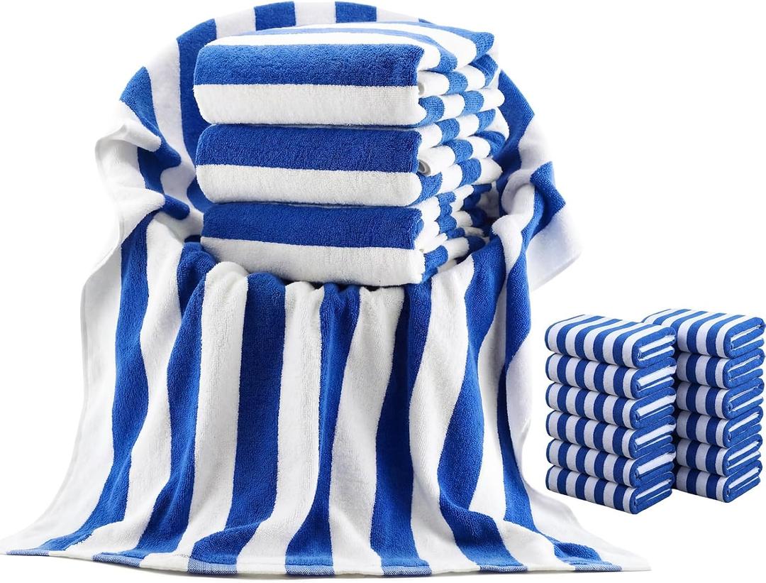 Breling 12 Pack 100% Cotton Cabana Stripe Beach Towels 30" x 60" Oversized Blue and White Thick Pool Towels Bulk Soft Plush Absorbent Quick Dry for Adults Beach Pool Swim Bath Spa Travel