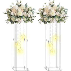 Clear Acrylic Vases Flower Stand Wedding Centerpieces with Hanging Glass Tealight Globe Candle Holders for Event Party Table Decoration Display Rack Column (2, 32 inch)