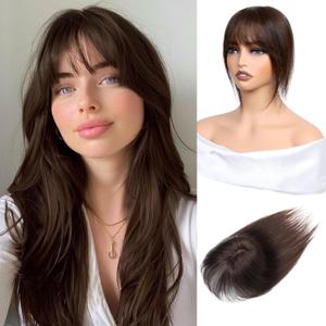 Hair Toppers for Women Clip in Bangs Real Human Hair,30g Dark Brown Topper for Women 150% Density Silk Base Clip in Pieces Straight Hair for Thin Hair Daily Use