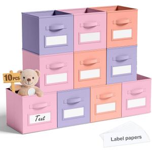 10 Pcs Fabric Storage Cube with Labels 11 Inch Collapsible Cube Organizer Basket with Window Card for Shelf Nursery Clothes Book Toy Festival Storage Bin Back to School(Gentle Pink Purple)