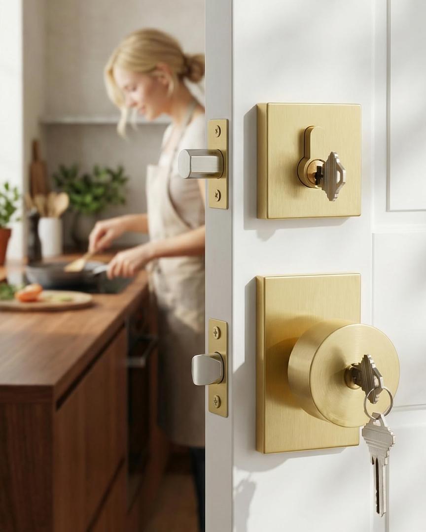 Haidms Gold Exterior Door Lock Set with Deadbolt, Zinc Alloy Brushed Gold Front Door Knob with Lock, Heavy Duty Brushed Brass Deadbolt Lock and Door Knob Set with Lock and Key (1 Pack)