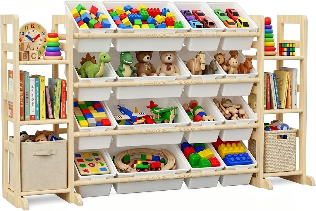 KiddoCood Large 100% Solid Wooden Kids Toy Storage Organizer, 60.2" W, 60.2"W, 6 Shelves, 16 Bins