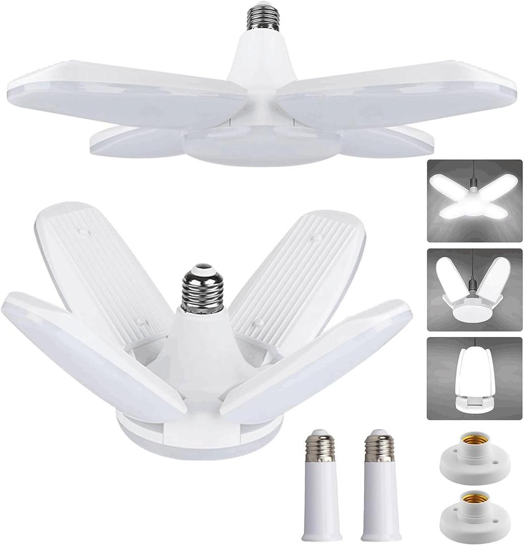 Yiliaw LED Garage Light, 2 Pack 60W LED Shop Lights with 4 Adjustable Panels, Screw in Garage Light Bulbs 6500K 8000LM Daylight Deformable Lighting Fixture for Basement, Warehouse, Workshop