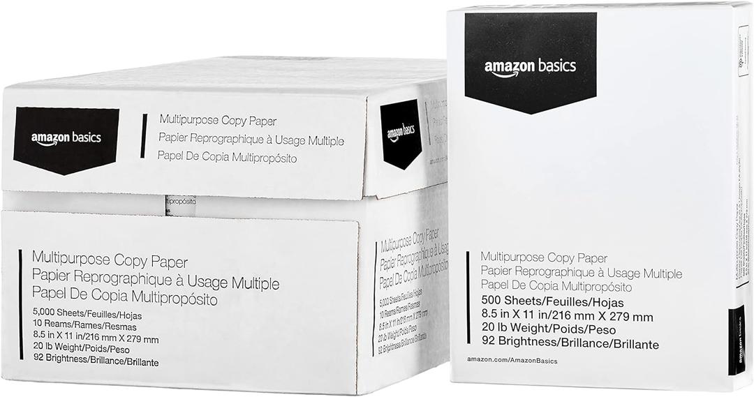 Amazon Basics Multipurpose Copy Printer Paper, 8.5 x 11 in, 20 lb, 10 Reams, 5000 Sheets, 92 Bright, White (10 Reams | 5000 Sheets)