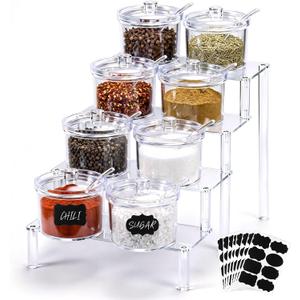 12 Pcs Clear Sugar Bowls with Lid and Spoon and Acrylic Display Risers 7.1 oz Topping Containers with Tag and 4 Tier Acrylic Shelf Stand for Kitchen Hot Cocoa Bar Ice Cream Bar Supplies