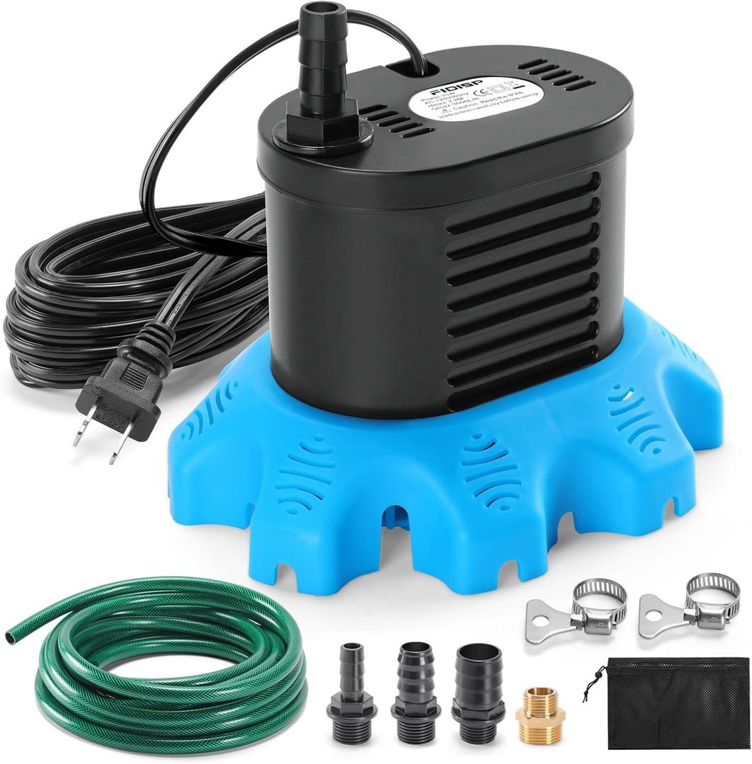FIDISP Pool Cover Pump, 850 GPH Pool Cover Pumps Above Ground With 4 Hose Adapters, 23 FT Drain Hose, 25 FT Power Cord, Water Pump for Pool Draining for Drainage of Pool Covers, Ponds (Deep Blue)