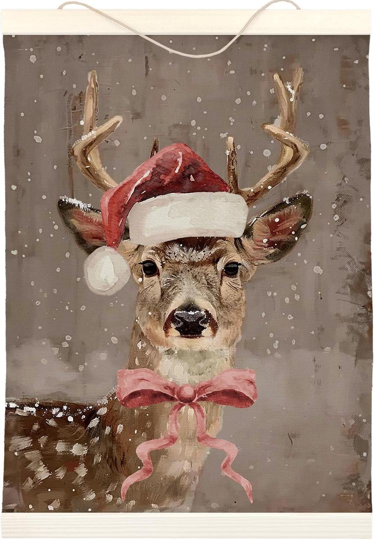 LKETW Vintage Christmas Deer Poster Hanger Frame, 12x16 inch, Pink Bow Deer Wall Art, Farmhouse Living Room Bedroom Decor