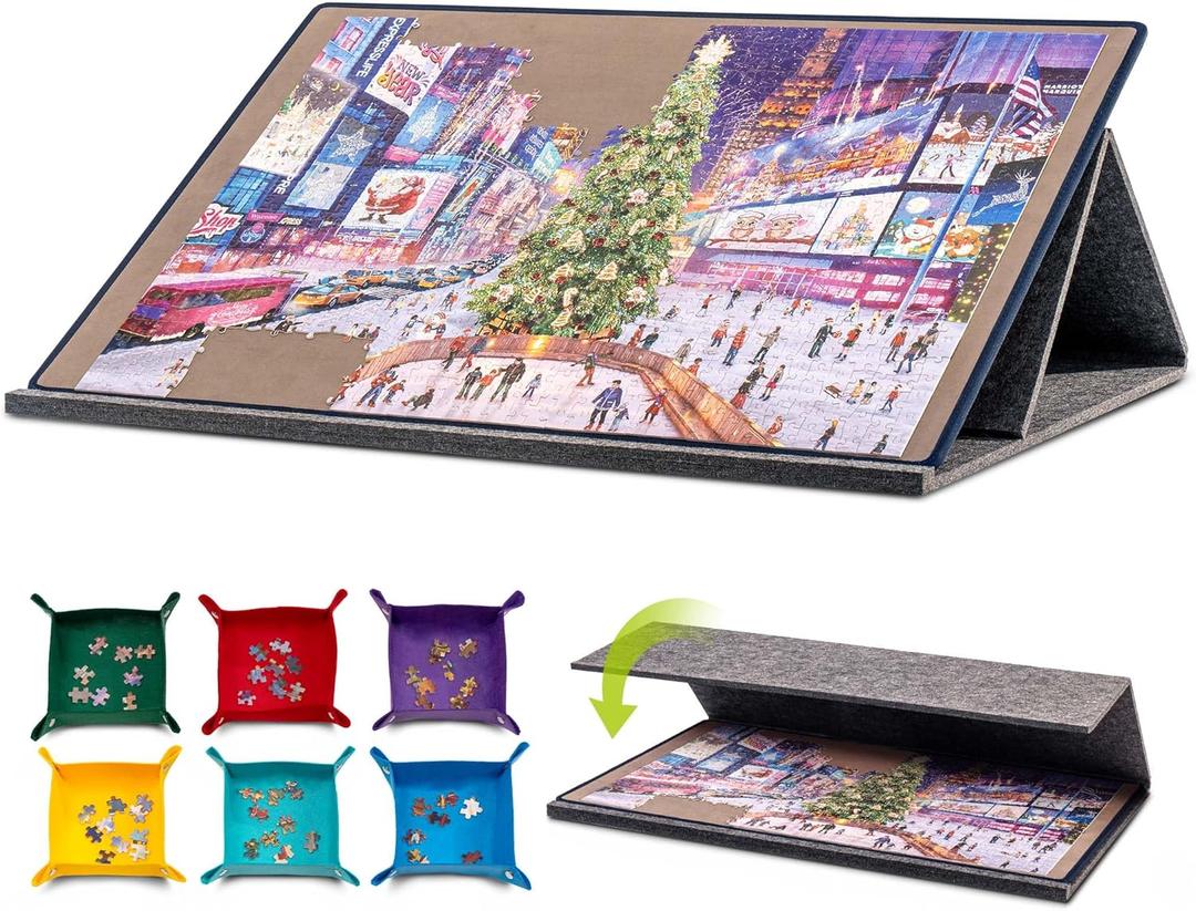 Tektalk Jigsaw Puzzle Board with 2-in-1 Designed Stand & Cover, Multi-Angle Adjustable Bracket & 6 Color Sorting Trays, Lightweight Portable Mat for Puzzle Storage Saver, Up to 1000 Pieces (Gray)