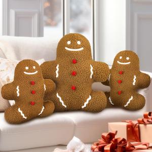 Shappy 3 Pcs Christmas Gingerbread Pillows Christmas Shaped Throw Pillows for Home Couch Sofa Bed Decorative Cute Xmas Decor (Brown)