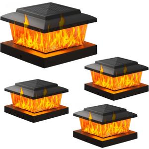 VOLISUN Solar Fence Post Lights 4pack, Black Solar Deck Post Cap Flame Light Outdoor Waterproof, High Brightness Flickering Flame SMD LED Lighting, for 4x4 Wooden/4x4 Vinyl Post