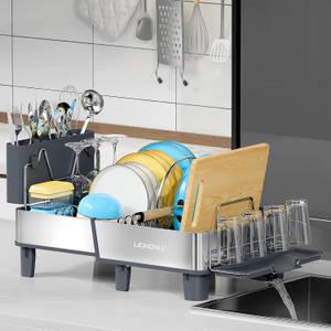 Dish Drying Rack, 304 Stainless Steel Expandable Dish Rack with Adjustable Drain Spout, Large Capacity Dish Drainer with Utensil Holder, Cup Holder and Cutting Board Rack for Kitchen Counter, Gray