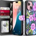 FUNMIKO for iPhone 14 Case Wallet,Detachable Flip Folio Leather Cover,RFID Blocking 4 Card Slots Holder,Magnetic Kickstand,Protective Phone Shell for Women Girls,Vibrant Flowers