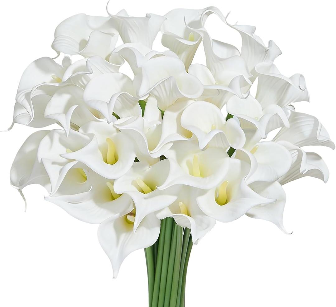 Heleze 30 PCS Artificial Calla Lily Flowers Bouquet Faux Branches for Vase Fake Flower 13.5" Real Touch for DIY Mother's Day Wedding Party Decoration Pure White